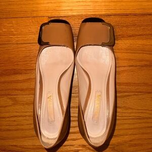 Prada Beige Leather Flats with Gold Buckle